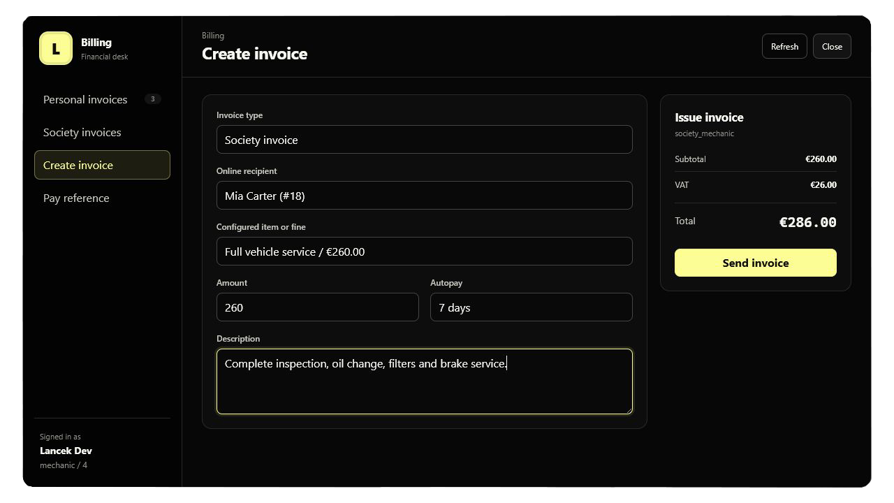 LCK Billing create invoice interface
