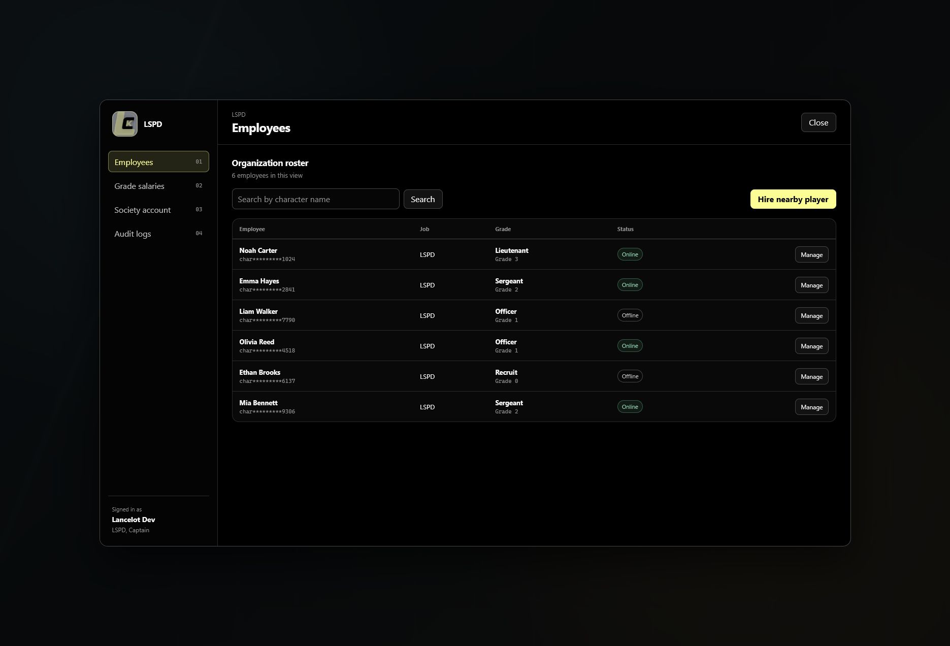 LCK Boss Menu employee management interface